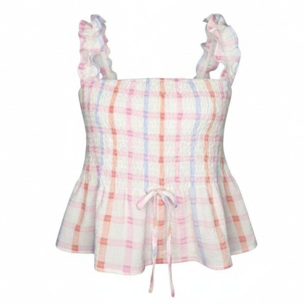 Blu Pepper Juniors Size M Multicolor Plaid Smocked Ruffle Strap Peplum Tank Top